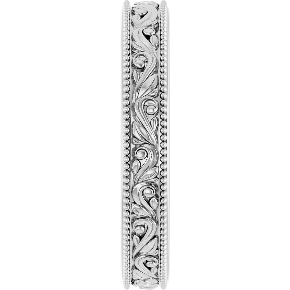 Sterling Silver 3.2 mm Milgrain Edge Floral Flat Band Size 6.5