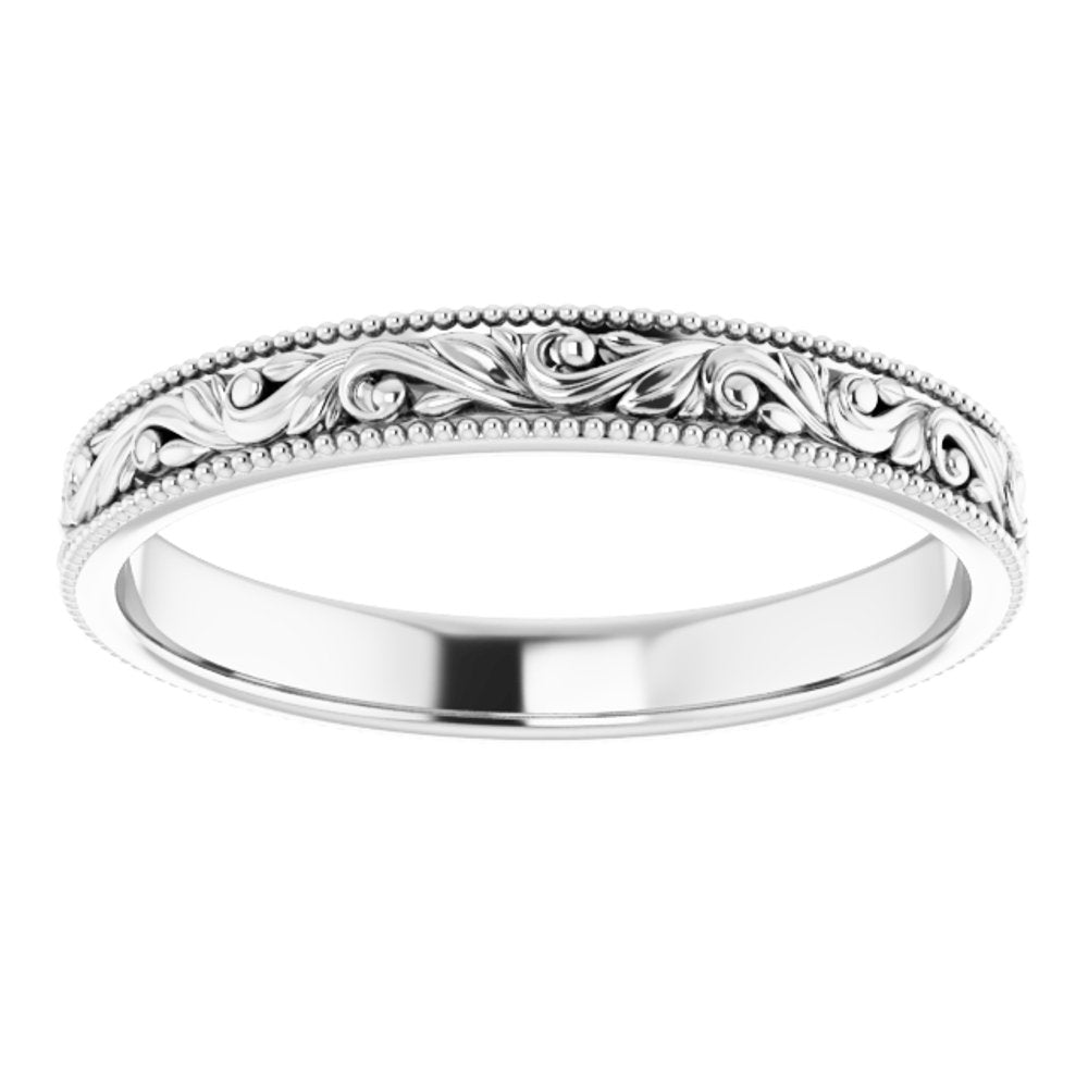 Sterling Silver 3.2 mm Milgrain Edge Floral Flat Band Size 9