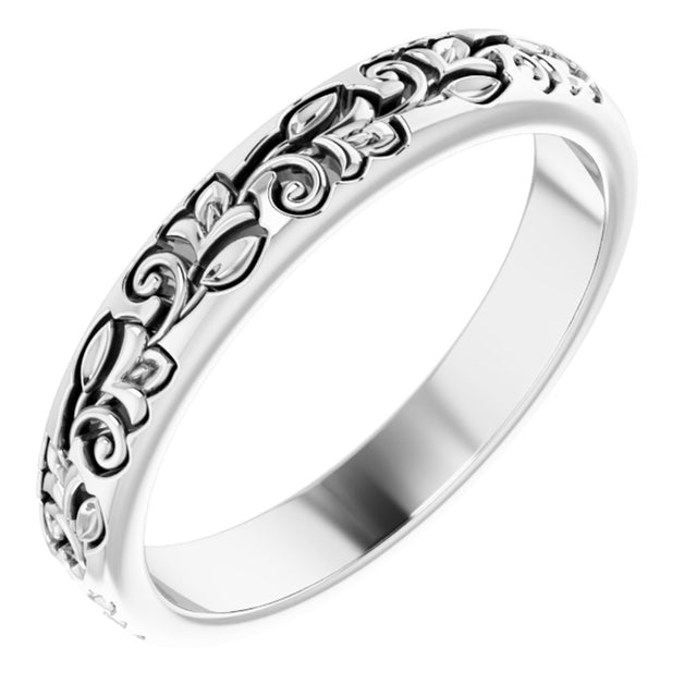 14K White Gold 3 mm Floral Half Round Band Size 7.5