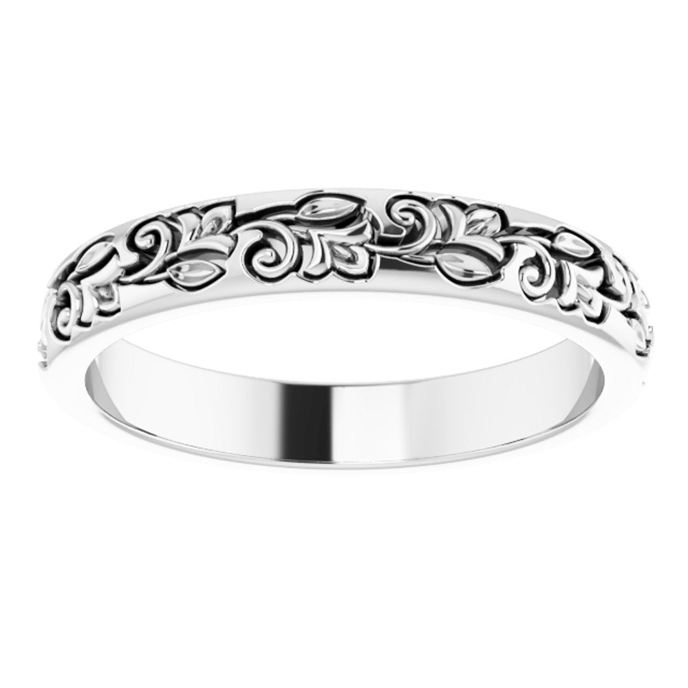 14K White Gold 3 mm Floral Half Round Band Size 7.5