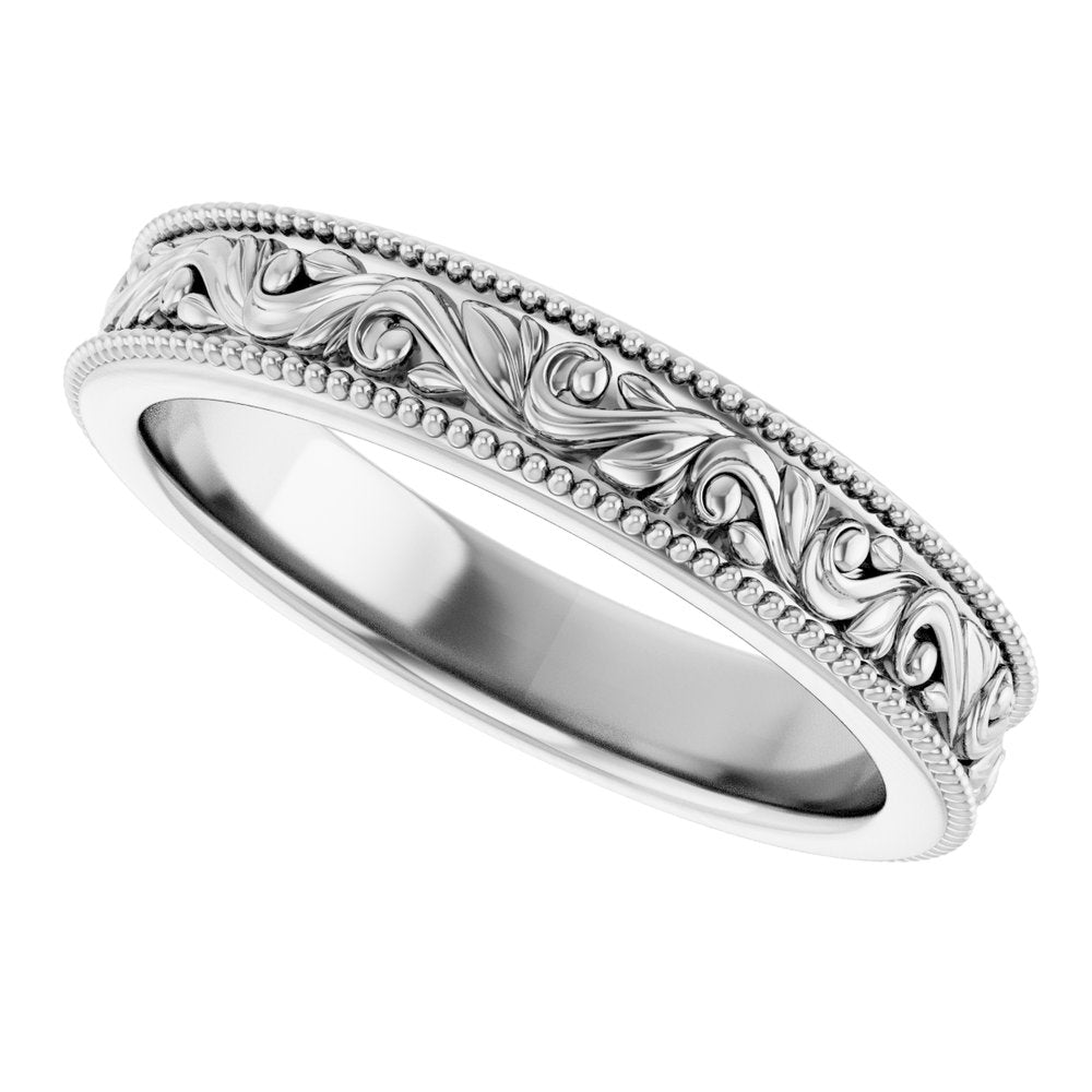 Platinum 3.2 mm Milgrain Edge Floral Flat Band
