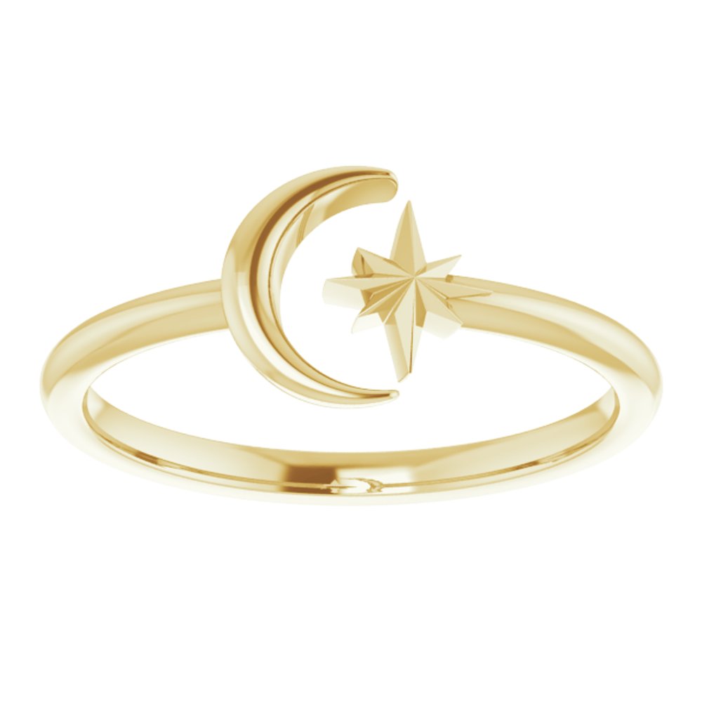 14K Yellow Crescent Moon & Star Negative Space Ring