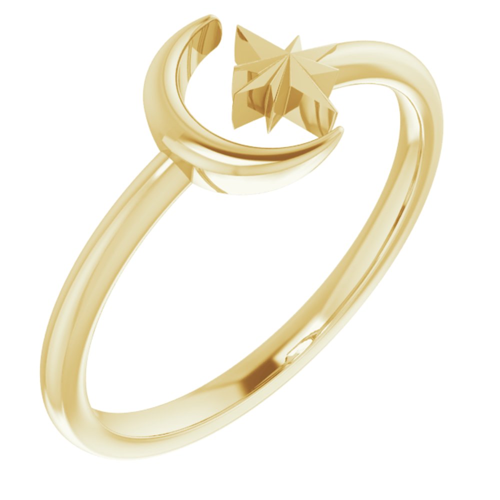 14K Yellow Crescent Moon & Star Negative Space Ring  