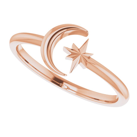 14K Rose Crescent Moon & Star Negative Space Ring