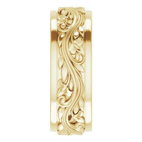 10K Yellow Gold 7 mm Floral Inlay Flat Band Size 6.5