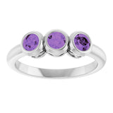 14K White Natural Amethyst Three-Stone Ring