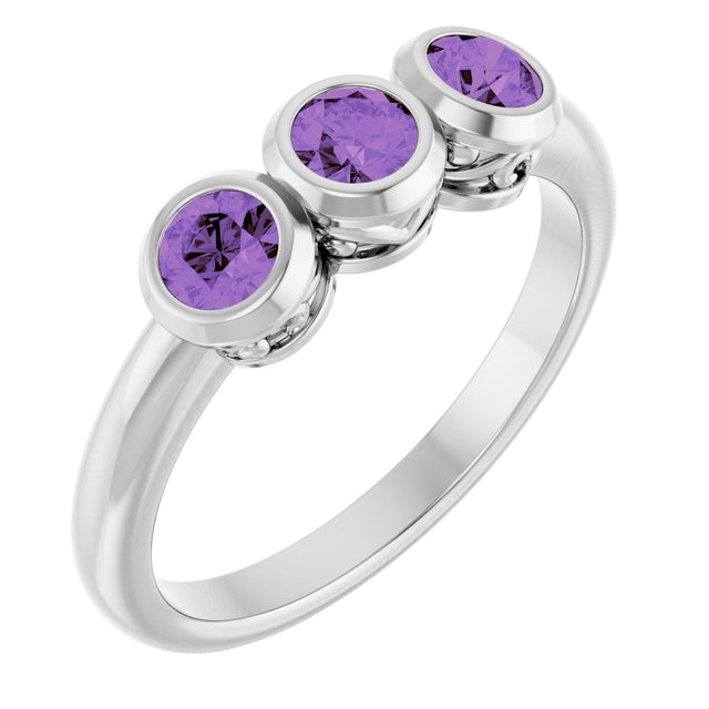 14K White Natural Amethyst Three-Stone Ring