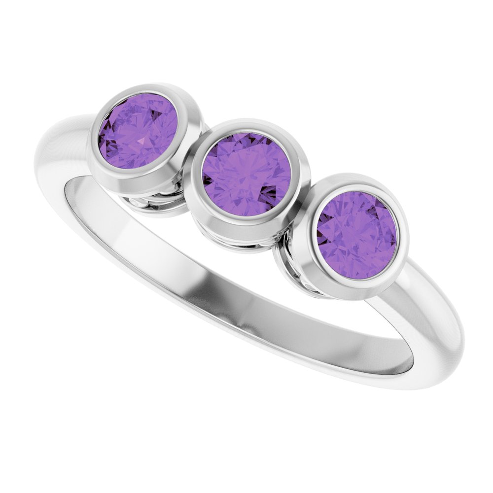 14K White Natural Amethyst Three-Stone Ring