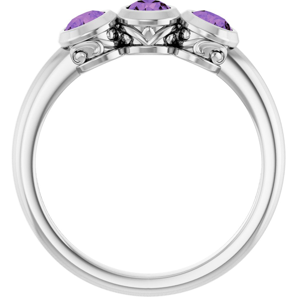 14K White Natural Amethyst Three-Stone Ring