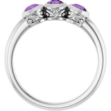 14K White Natural Amethyst Three-Stone Ring