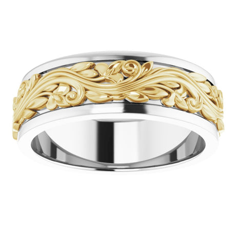 14K White/Yellow 7 mm Floral Inlay Flat Band