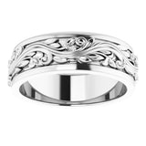 10K White Gold 7 mm Floral Inlay Flat Band Size 9.5