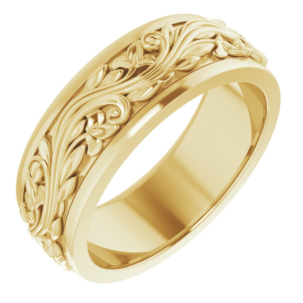 18K Yellow Gold 7 mm Floral Inlay Flat Band Size 8.5