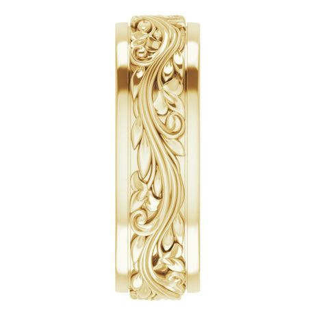 14K Yellow Gold 7 mm Floral Inlay Flat Band Size 9