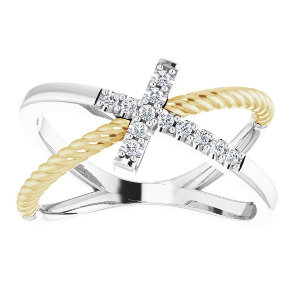 14K White/Yellow 1/10 CTW Natural Diamond Cross Rope Ring