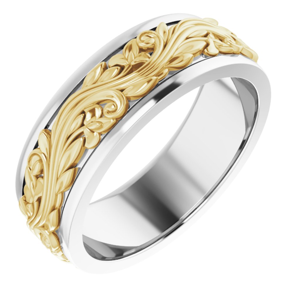 14K White/Yellow 7 mm Floral Inlay Flat Band Size 9.5