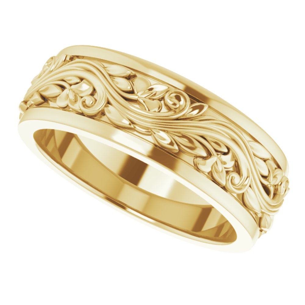 18K Yellow Gold 7 mm Floral Inlay Flat Band Size 8.5