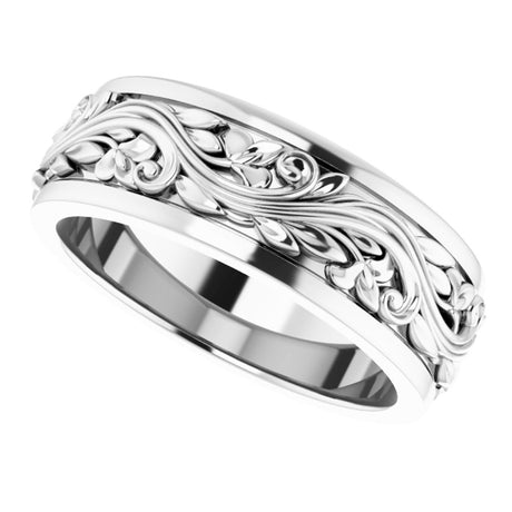 14K White Gold 7 mm Floral Inlay Flat Band Size 8.5