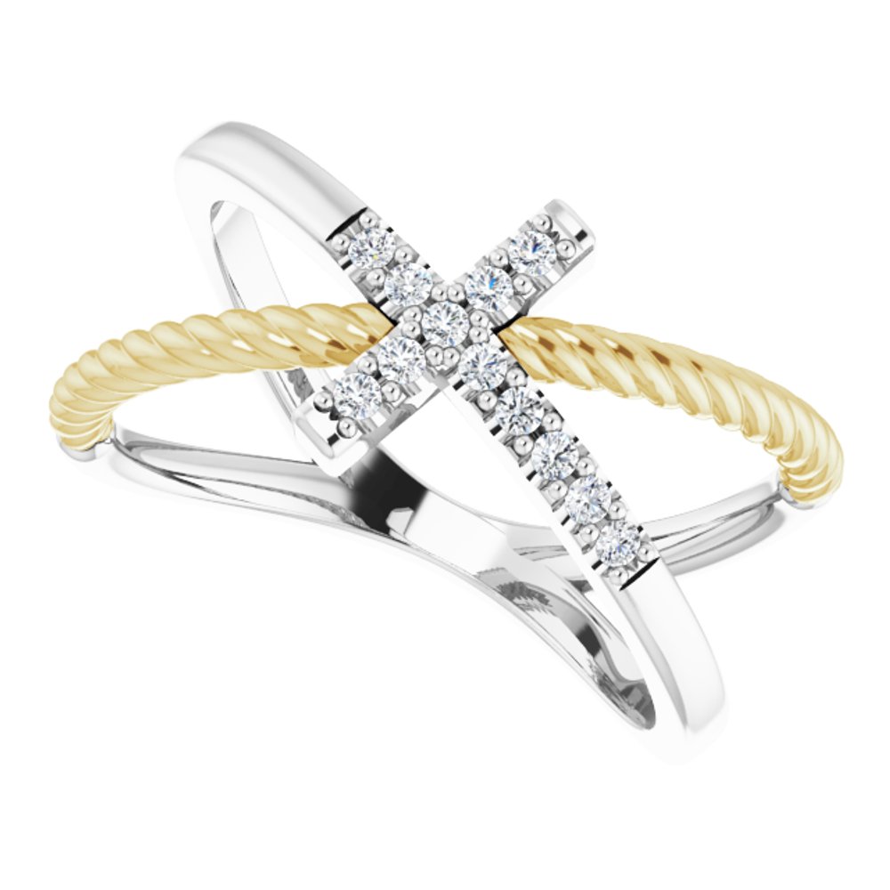 14K White/Yellow 1/10 CTW Natural Diamond Cross Rope Ring