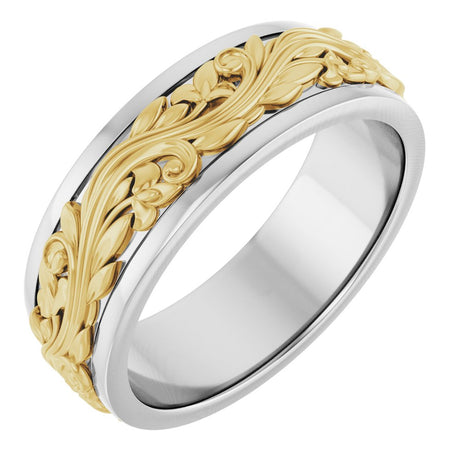 14K White/Yellow Gold 7 mm Floral Inlay Flat Band Size 10