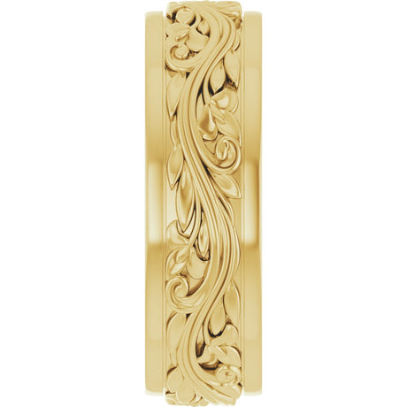 14K Yellow Gold 7 mm Floral Inlay Flat Band Size 10