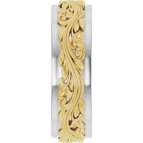 14K White/Yellow 7 mm Floral Inlay Flat Band Size 10