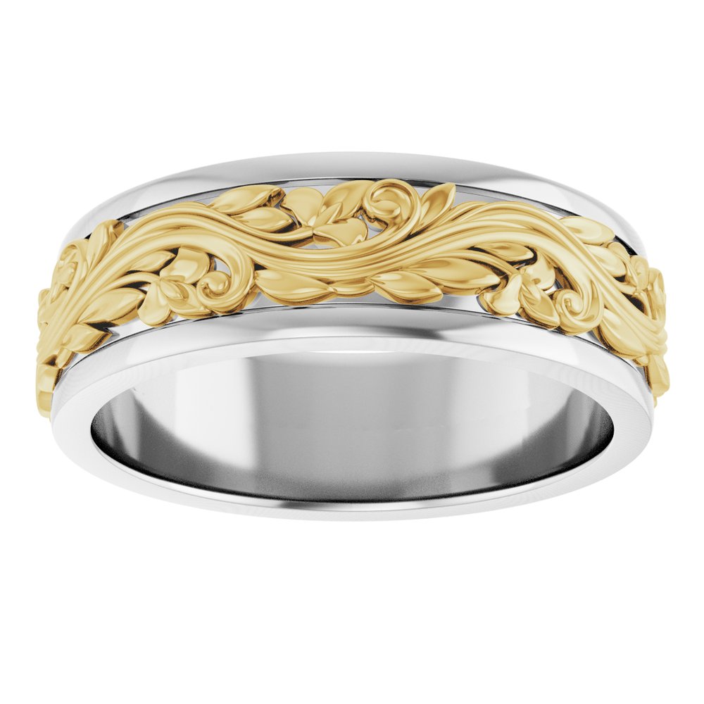 14K White/Yellow 7 mm Floral Inlay Flat Band Size 10