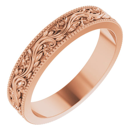 14K Rose Gold 4 mm Milgrain Edge Floral Flat Band Size 7