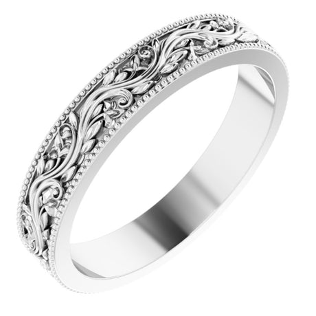 Sterling Silver 4 mm Milgrain Edge Floral Flat Band Size 8.5