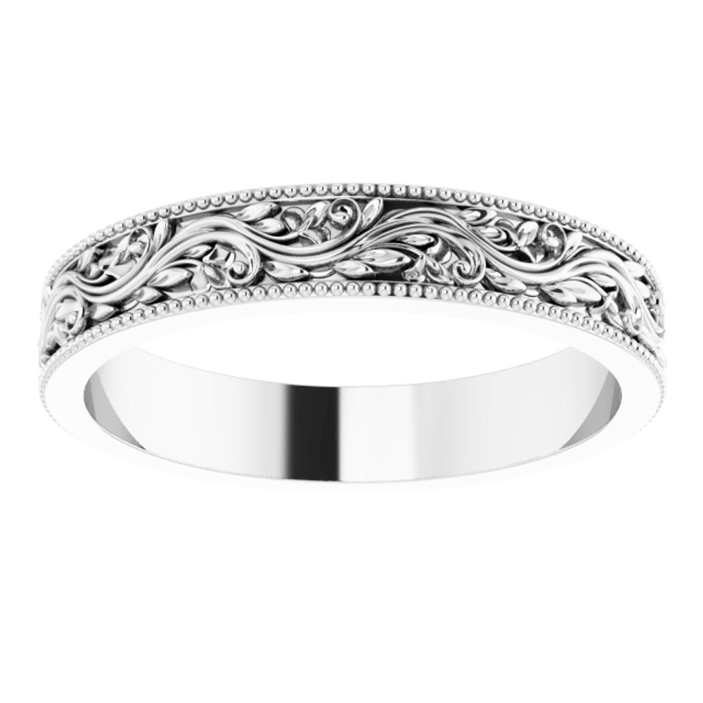 Sterling Silver 4 mm Milgrain Edge Floral Flat Band Size 8.5