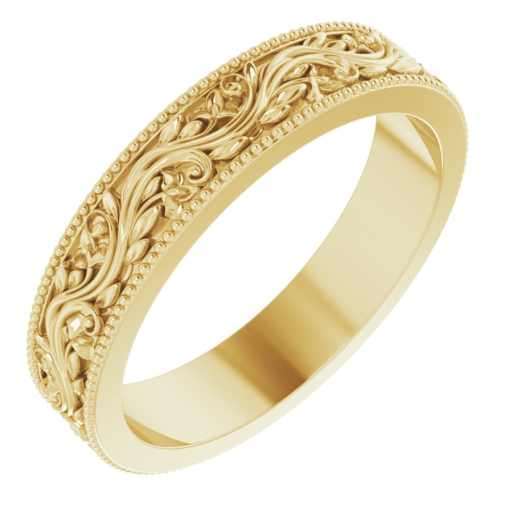 14K Yellow Gold 4 mm Milgrain Edge Floral Flat Band Size 5.5