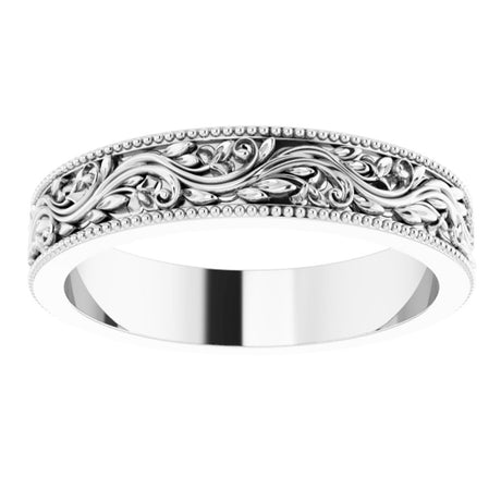 14K White Gold 4 mm Milgrain Edge Floral Flat Band Size 5.5