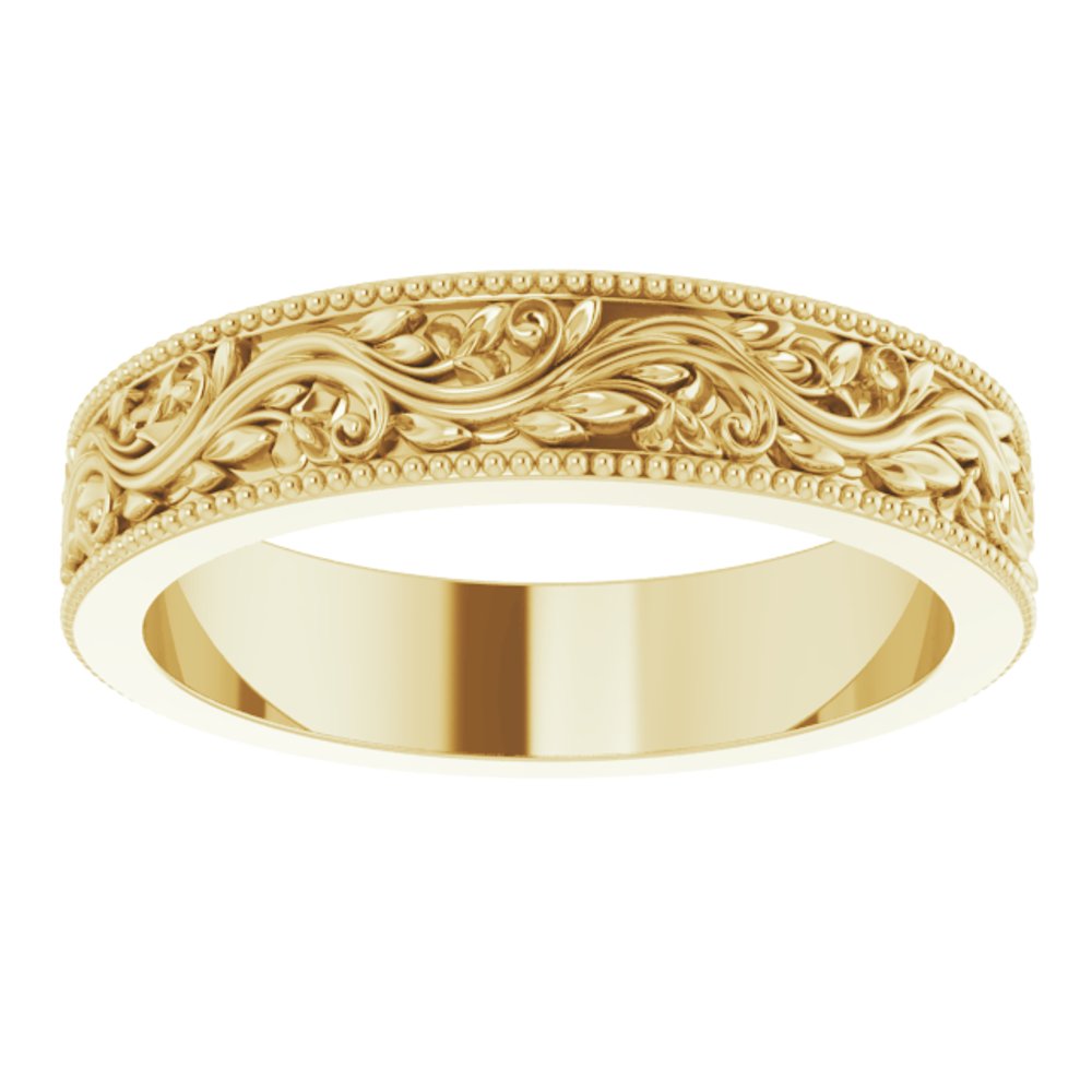 14K Yellow Gold 4 mm Milgrain Edge Floral Flat Band Size 4.5