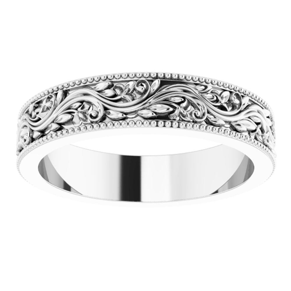 14K White Gold 4 mm Milgrain Edge Floral Flat Band Size 4.5