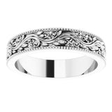 14K White Gold 4 mm Milgrain Edge Floral Flat Band Size 4.5
