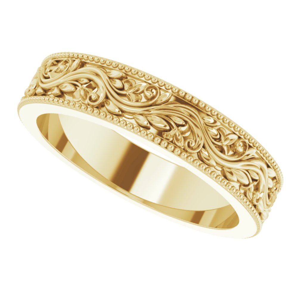 14K Yellow Gold 4 mm Milgrain Edge Floral Flat Band Size 4.5