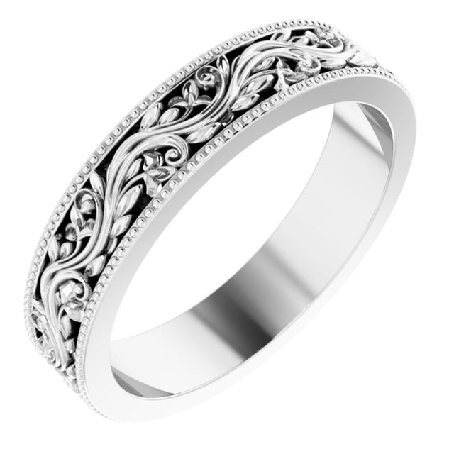 14K White 4 mm Milgrain Edge Floral Flat Band Size 5