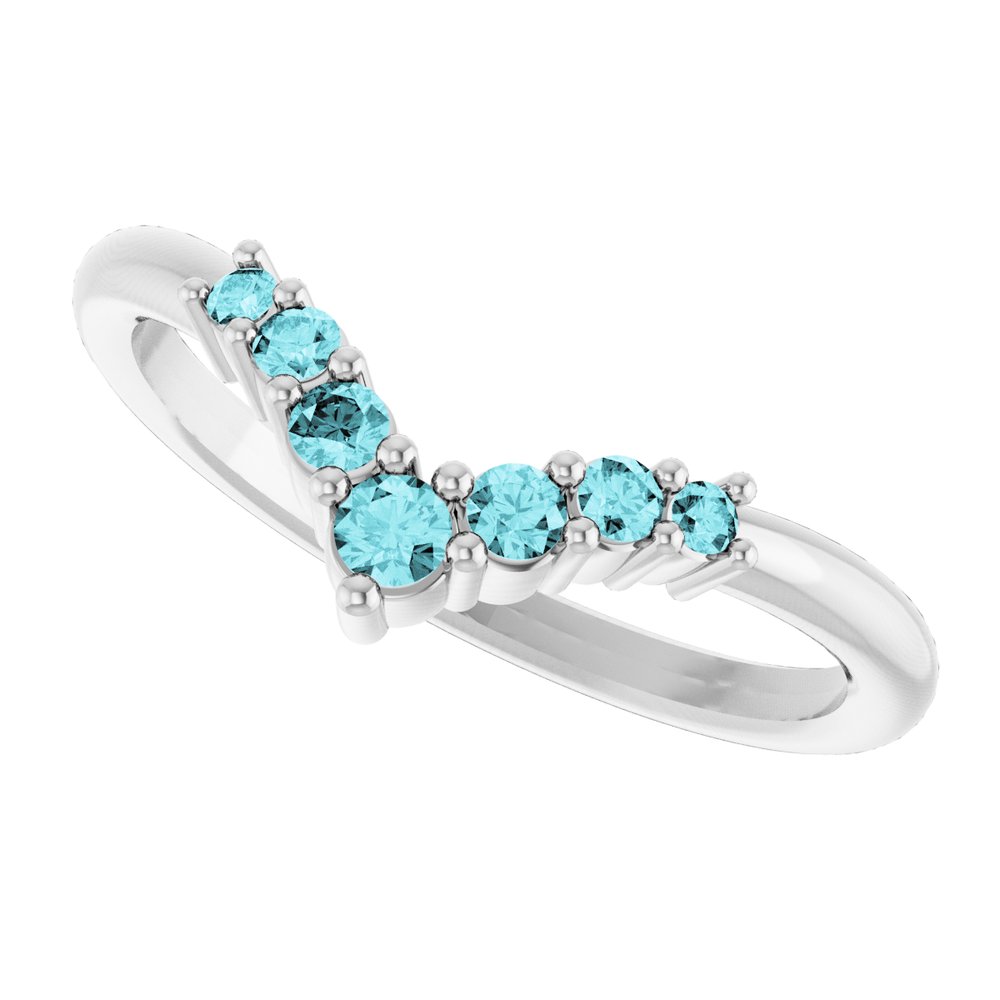 14K White Gold Natural Blue Zircon Graduated V Ring