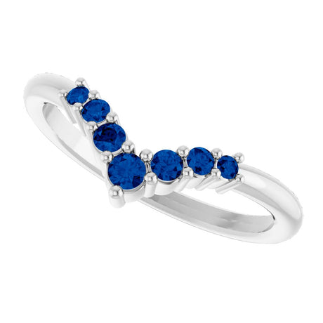 14K White Natural Blue Sapphire Graduated V Ring