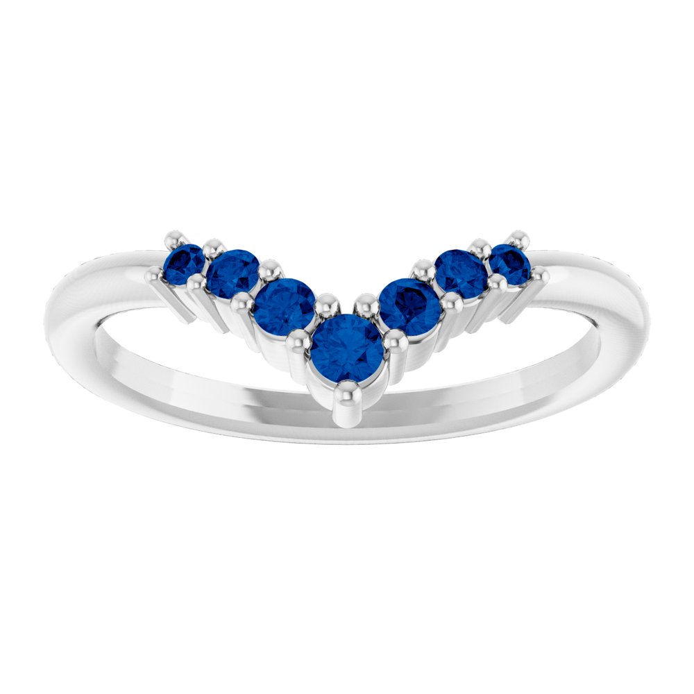 14K White Natural Blue Sapphire Graduated V Ring