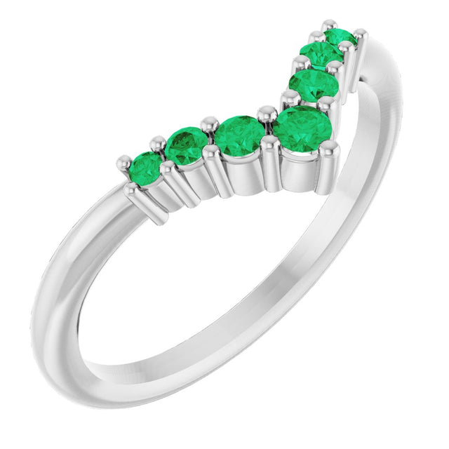 14K White Natural Emerald Graduated V Ring