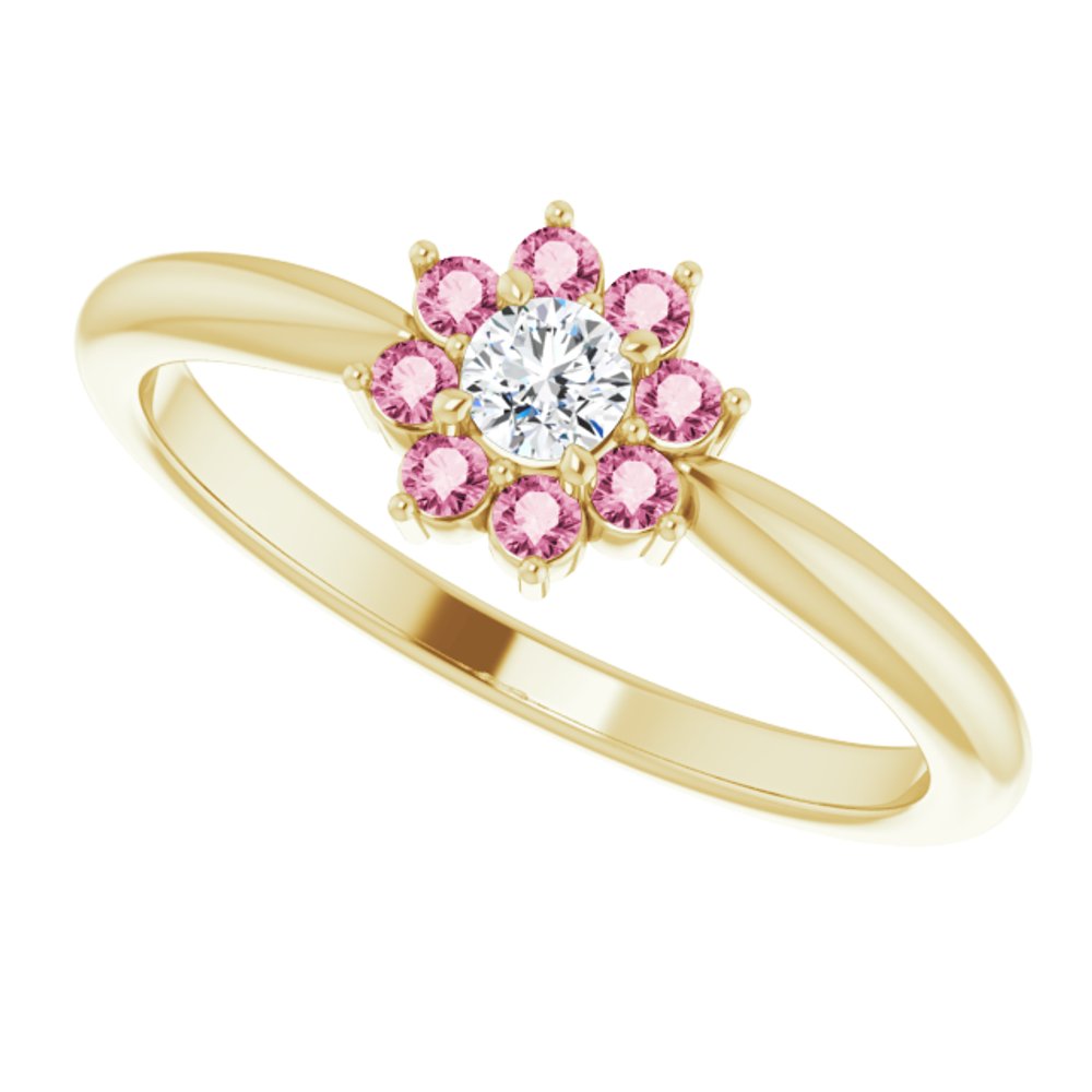 14K Yellow Natural Pink Tourmaline & .06 CT Natural Diamond Flower Ring