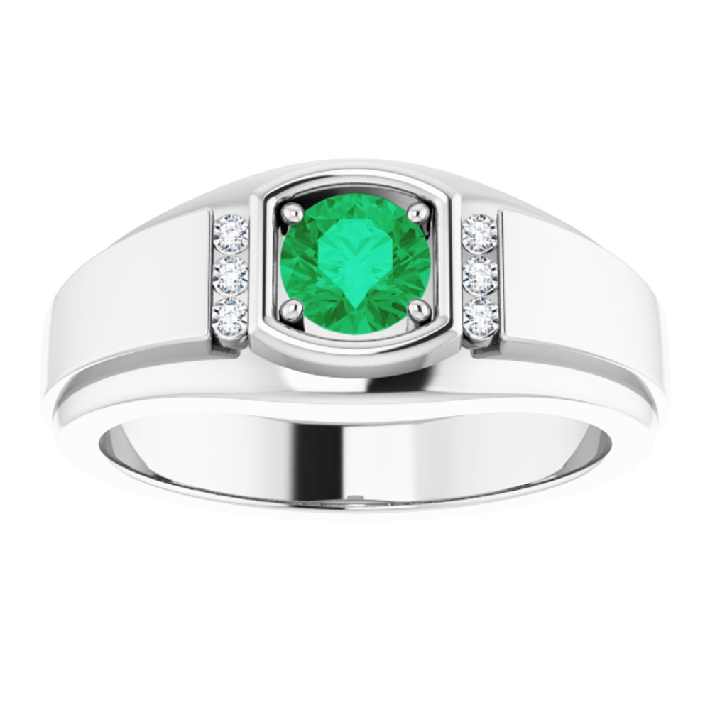 14K White  Natural Emerald & .08 CTW Natural Diamond Ring