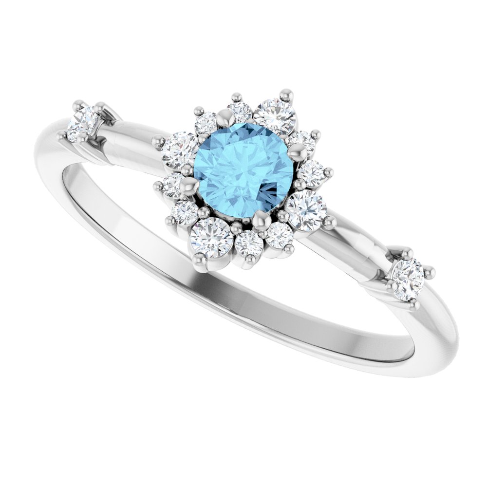 14K White Natural Aquamarine & 1/6 CTW Natural Diamond Halo-Style Ring