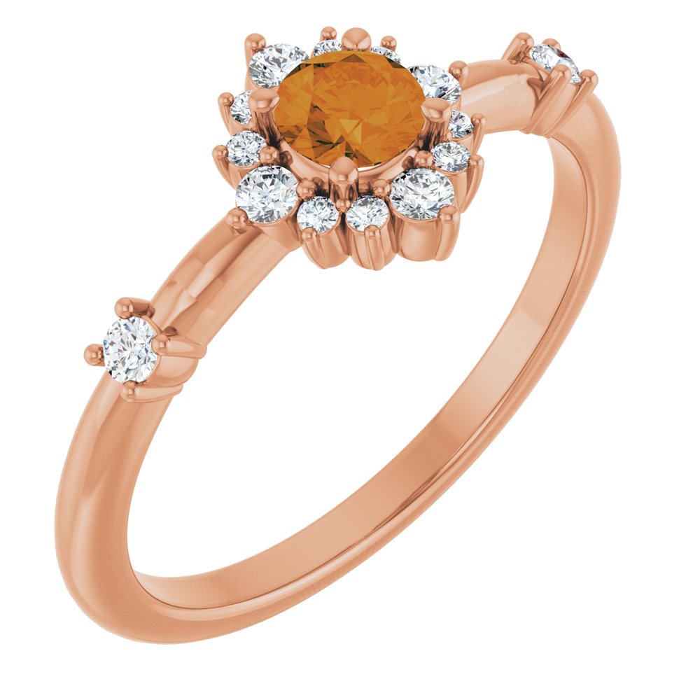 14K Rose Natural Citrine & 1/6 CTW Natural Diamond Halo-Style Ring 