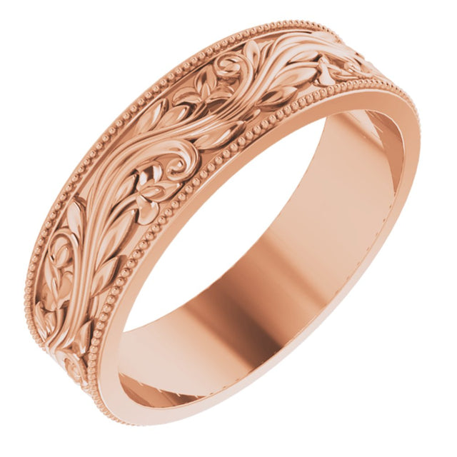 14K Rose 6 mm Milgrain Edge Floral Flat Band Size 11.5