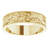 14K Yellow Gold 6 mm Milgrain Edge Floral Flat Band Size 10
