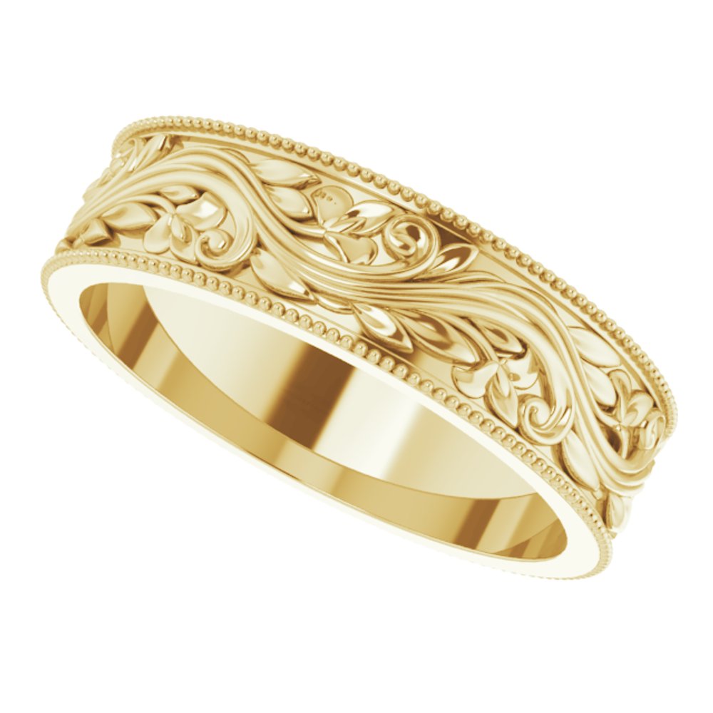 14K Yellow Gold 6 mm Milgrain Edge Floral Flat Band Size 10