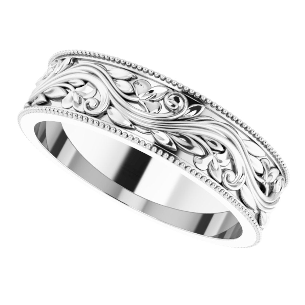 10K White Gold 6 mm Milgrain Edge Floral Flat Band Size 10