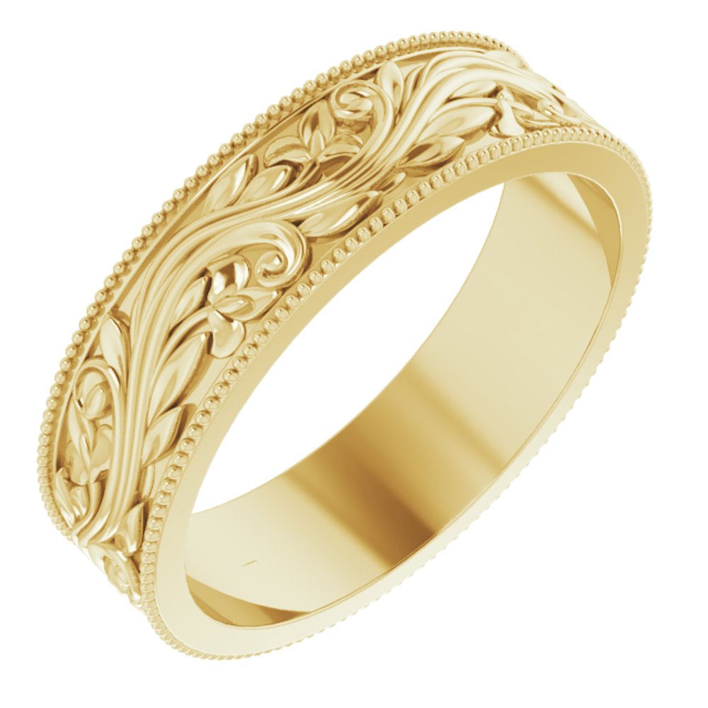 14K Yellow Gold 6 mm Milgrain Edge Floral Flat Band Size 10
